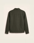An olive green long-sleeve shirt jacket shown from the back, featuring a collar and buttoned cuffs, laid flat against a light beige background.