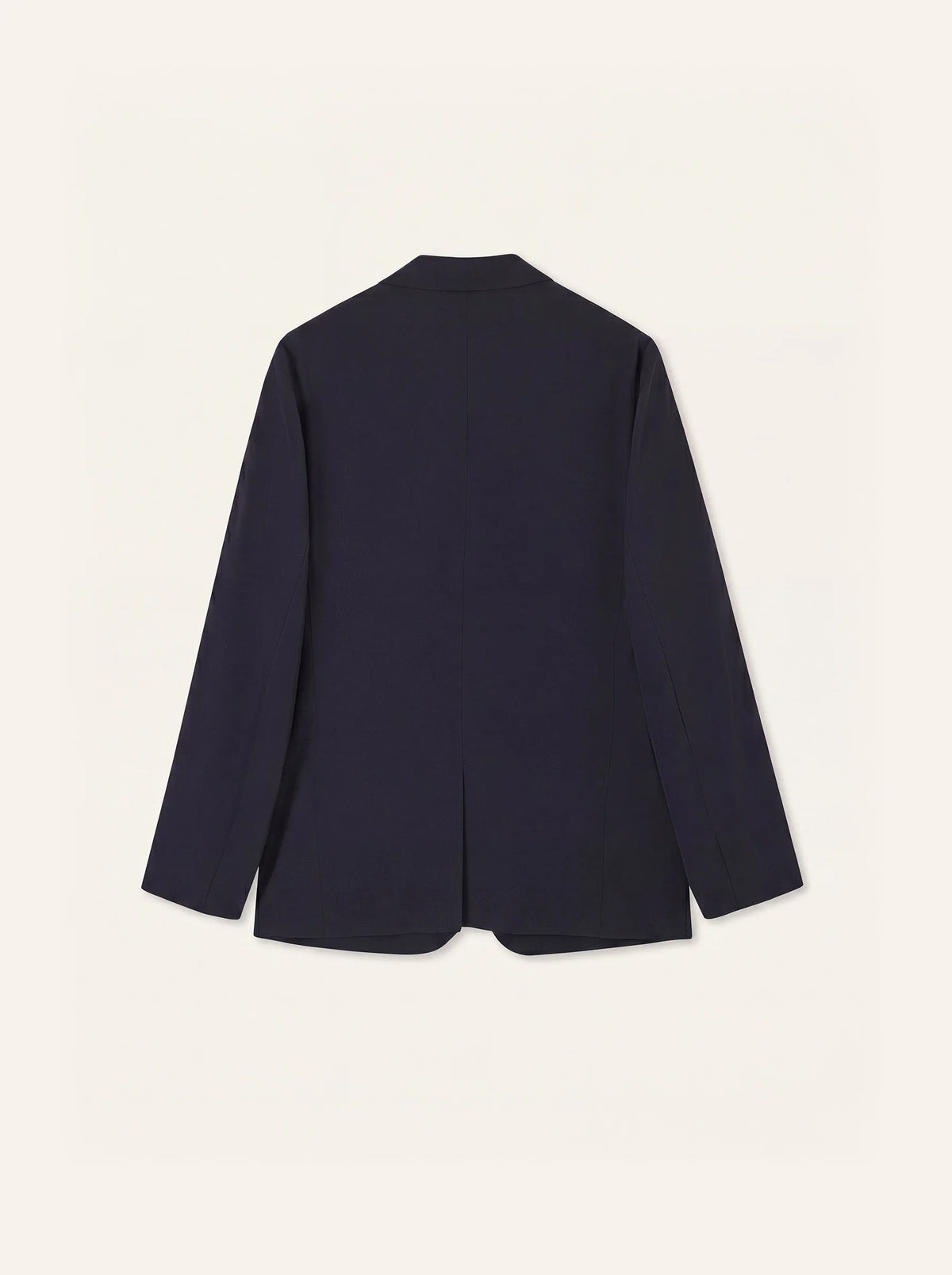 #Deep-Navy_group A dark navy blue blazer jacket with notch lapels and a two-button front, displayed flat against a warm off-white background.