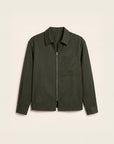 An olive green utility jacket with a front zipper, collar, and chest pocket, displayed flat against a light beige background.