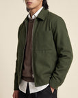 A man wearing an olive green zip-up jacket over a brown sweater, white collared shirt, and dark trousers, photographed against a plain beige studio background.