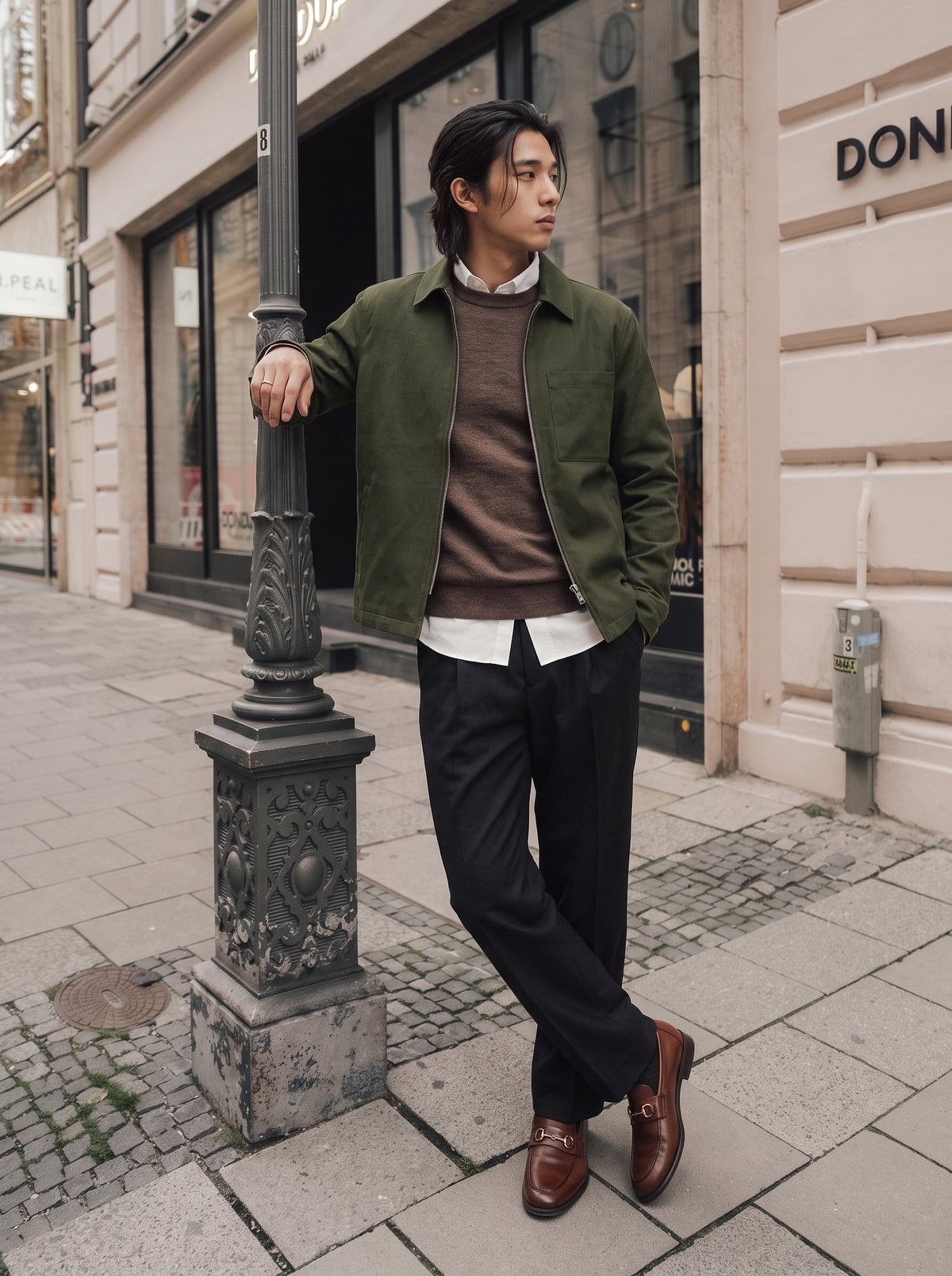 A man stands on a city sidewalk wearing an olive green jacket over a brown sweater and white shirt, paired with dark trousers and brown leather shoes, leaning against a decorative black lamppost.