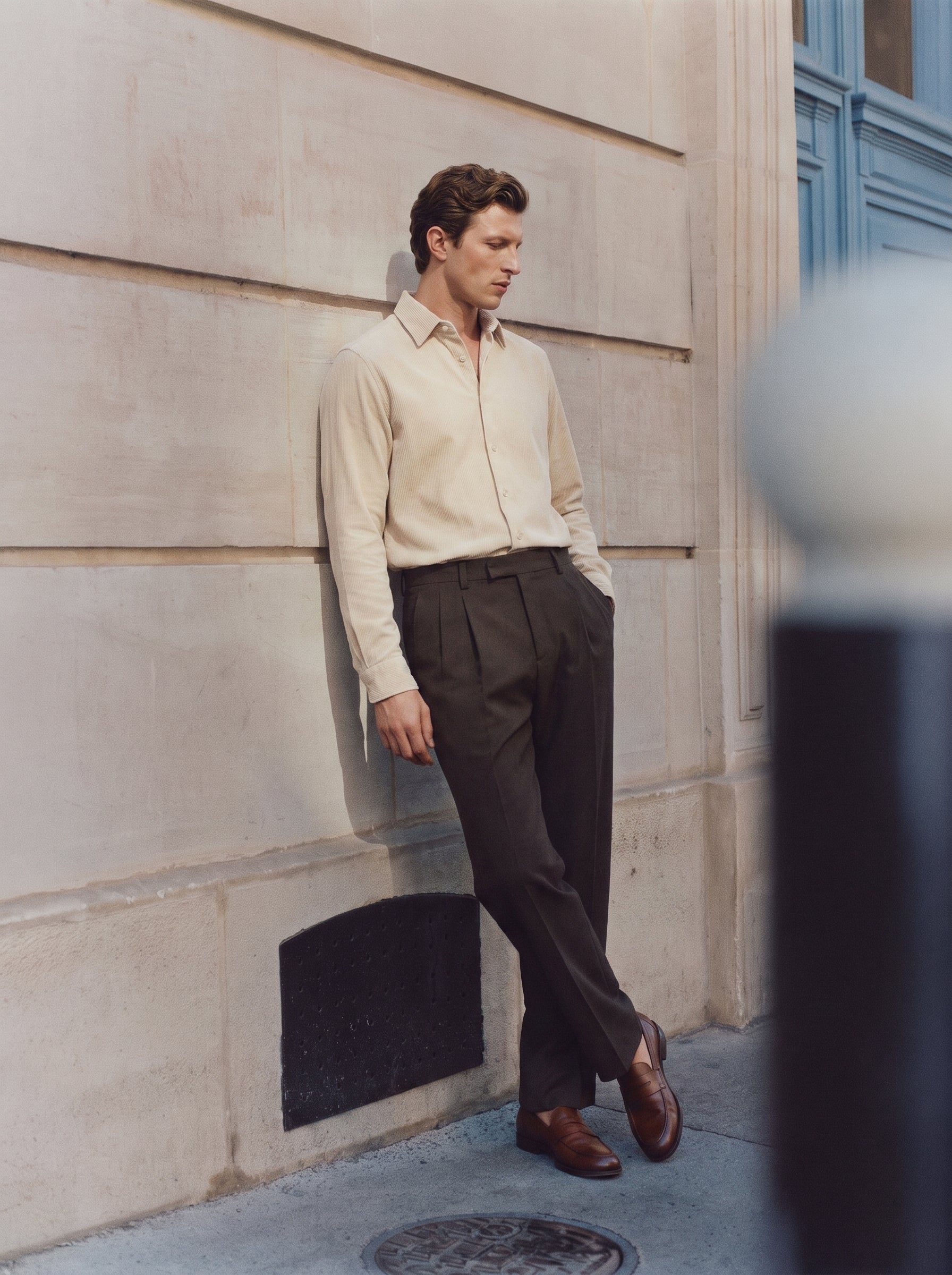 #Ecru-Ivory_group  A man wearing a cream long-sleeve button-down shirt and dark brown pleated trousers leans against a beige stone wall outdoors.