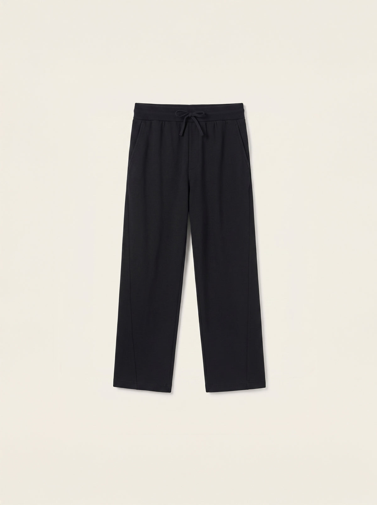 #Jet-Black_group Black wide-leg cropped pants with an elastic waistband and drawstring, shown flat against a light beige background.