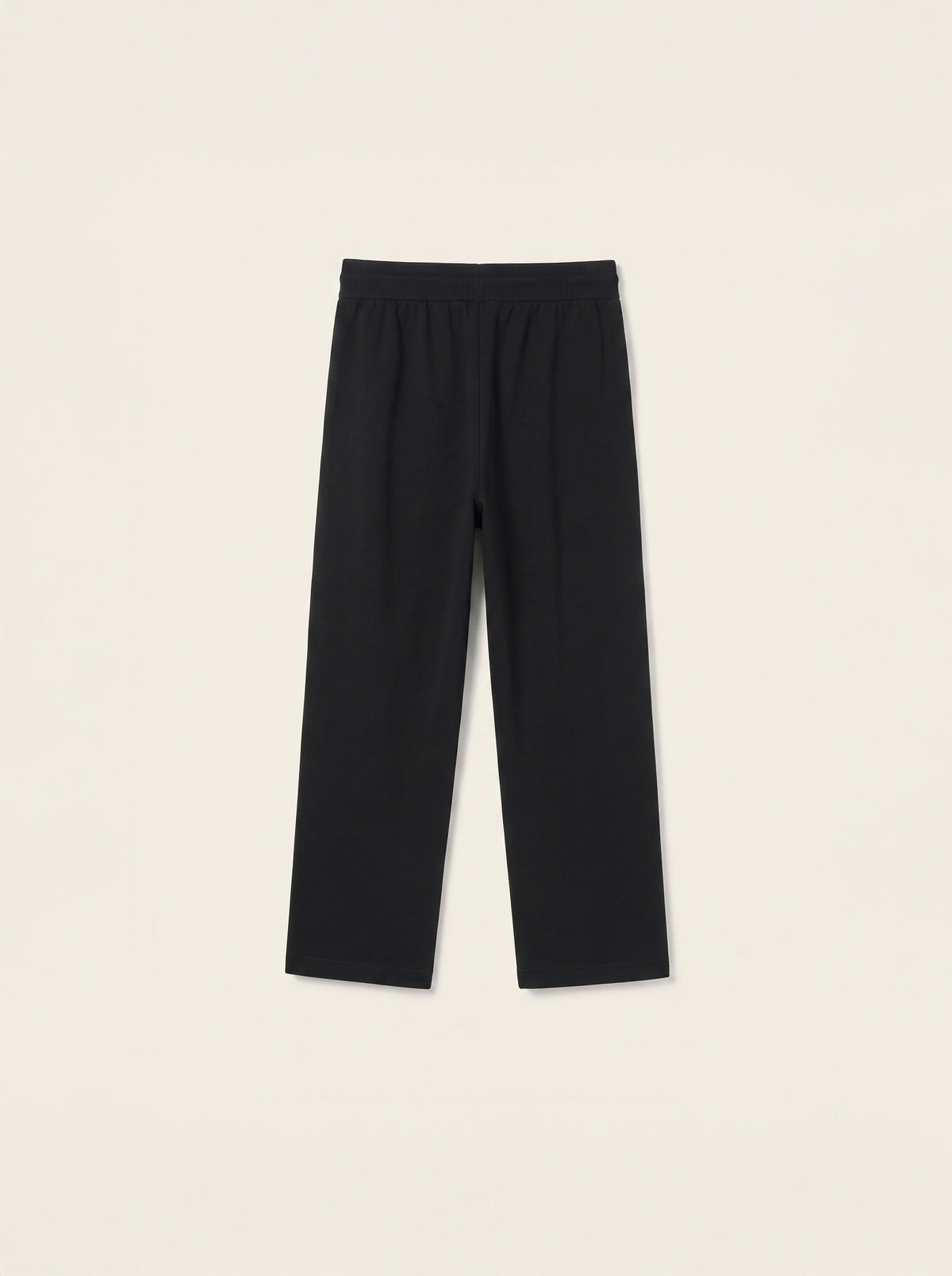 #Jet-Black_group Black wide-leg cropped pants with an elastic waistband, shown flat against a light cream background.