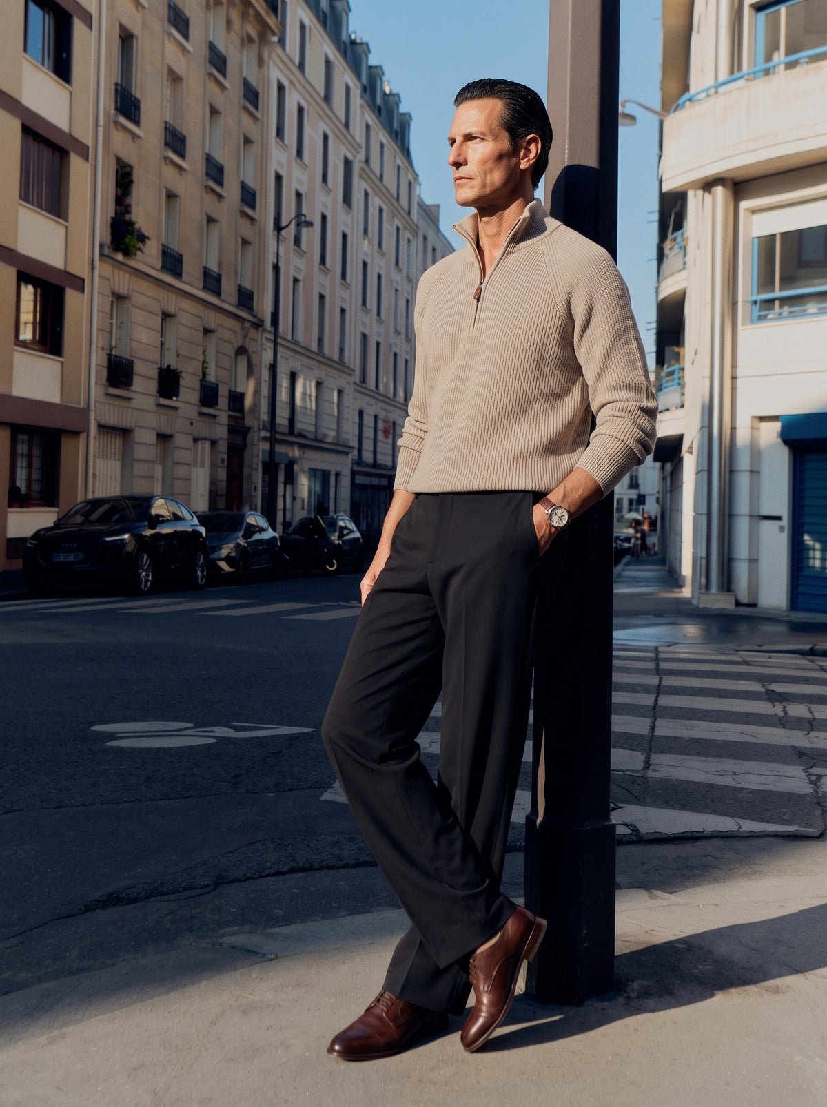 #Jet-Black_group A man stands on a city street wearing a beige quarter-zip sweater, dark charcoal trousers, and brown leather dress shoes, leaning against a black pole.