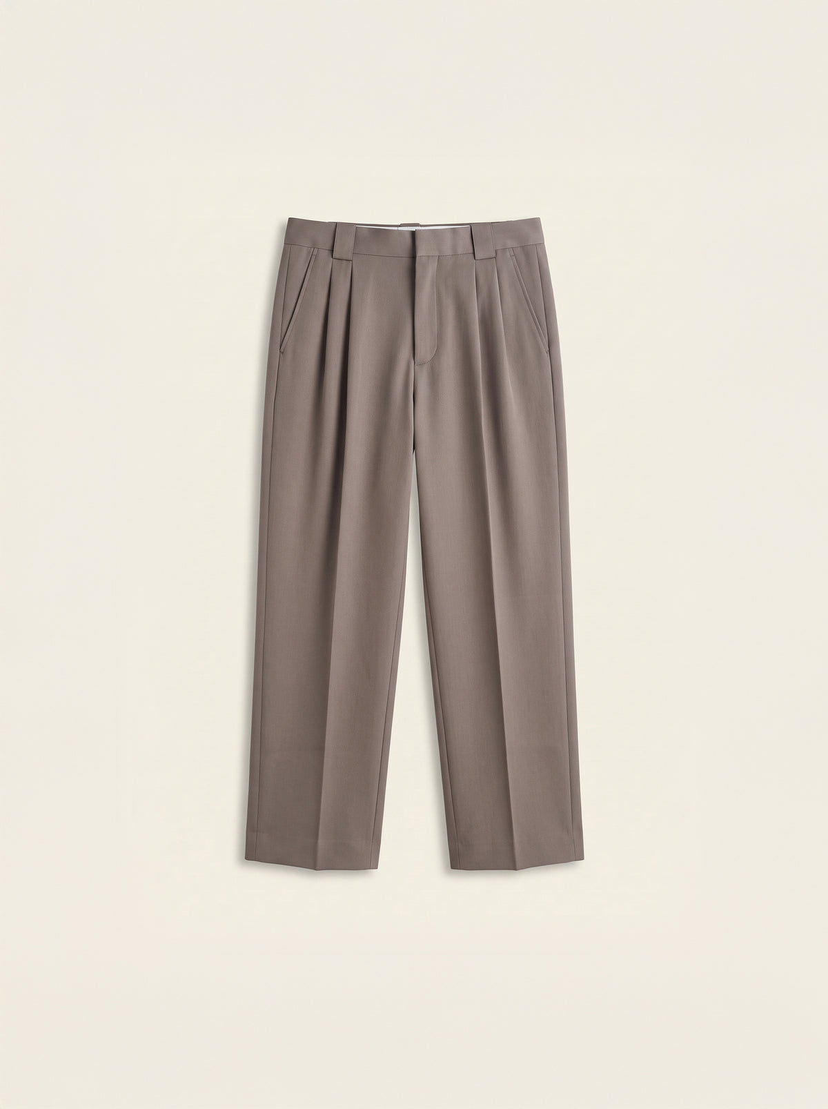 #Espresso-Brown_group A pair of high-waisted, wide-leg trousers in a muted taupe-brown color, displayed flat against a light cream background.