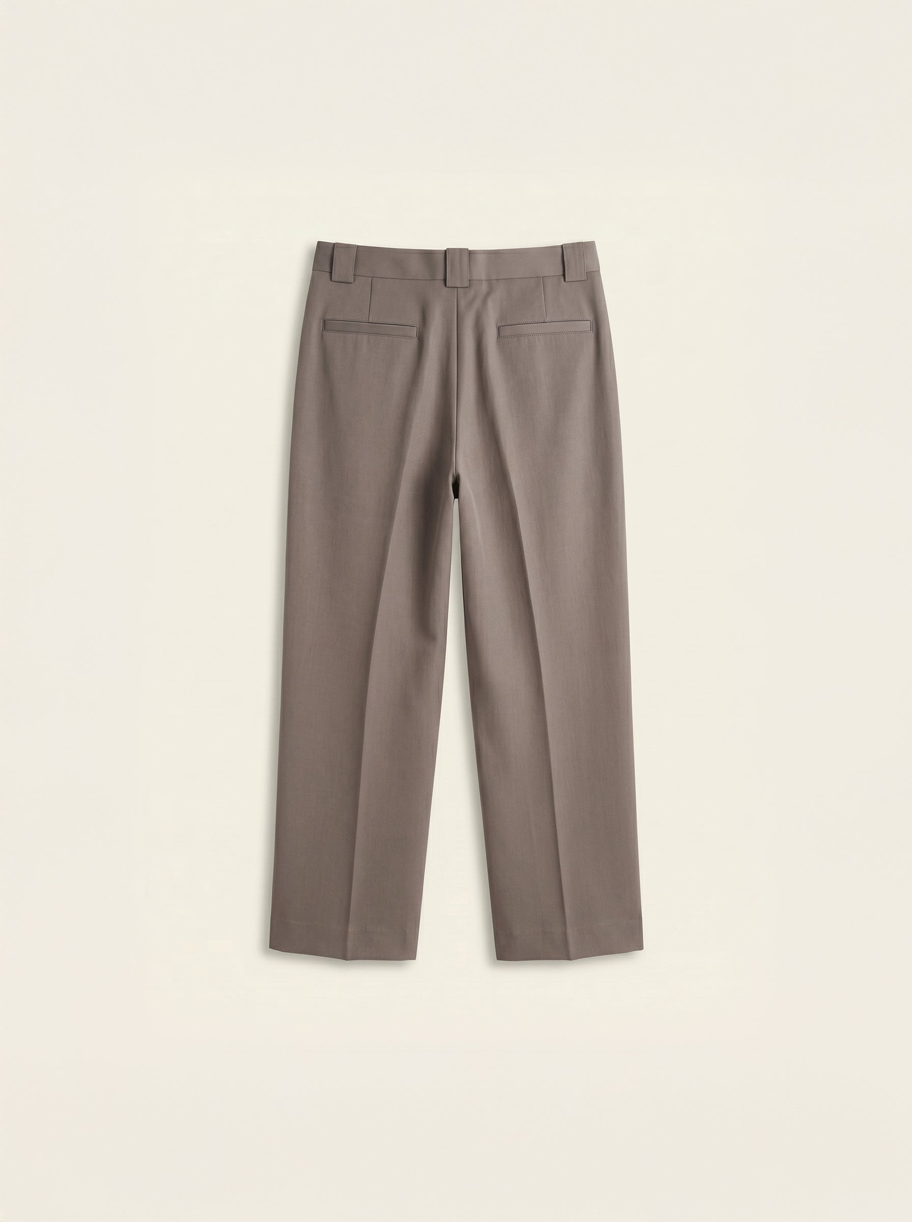 #Espresso-Brown_group A pair of straight-leg trousers in a muted taupe-brown color, shown from the back on a clean, solid, warm off-white background.