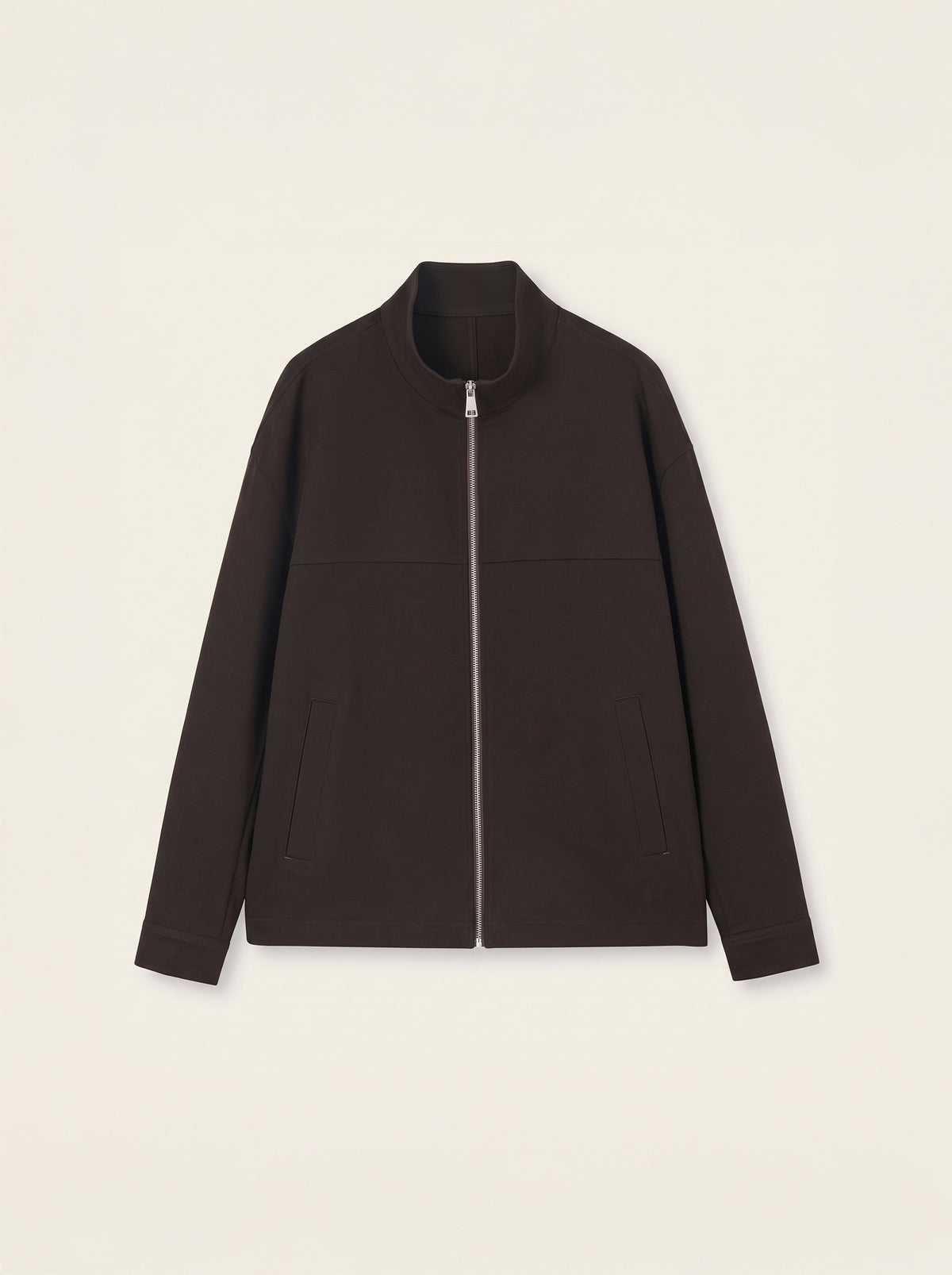 #Cedar-Brown_group A dark brown zip-up jacket with a stand collar and two front hand pockets, displayed flat against a light beige background.