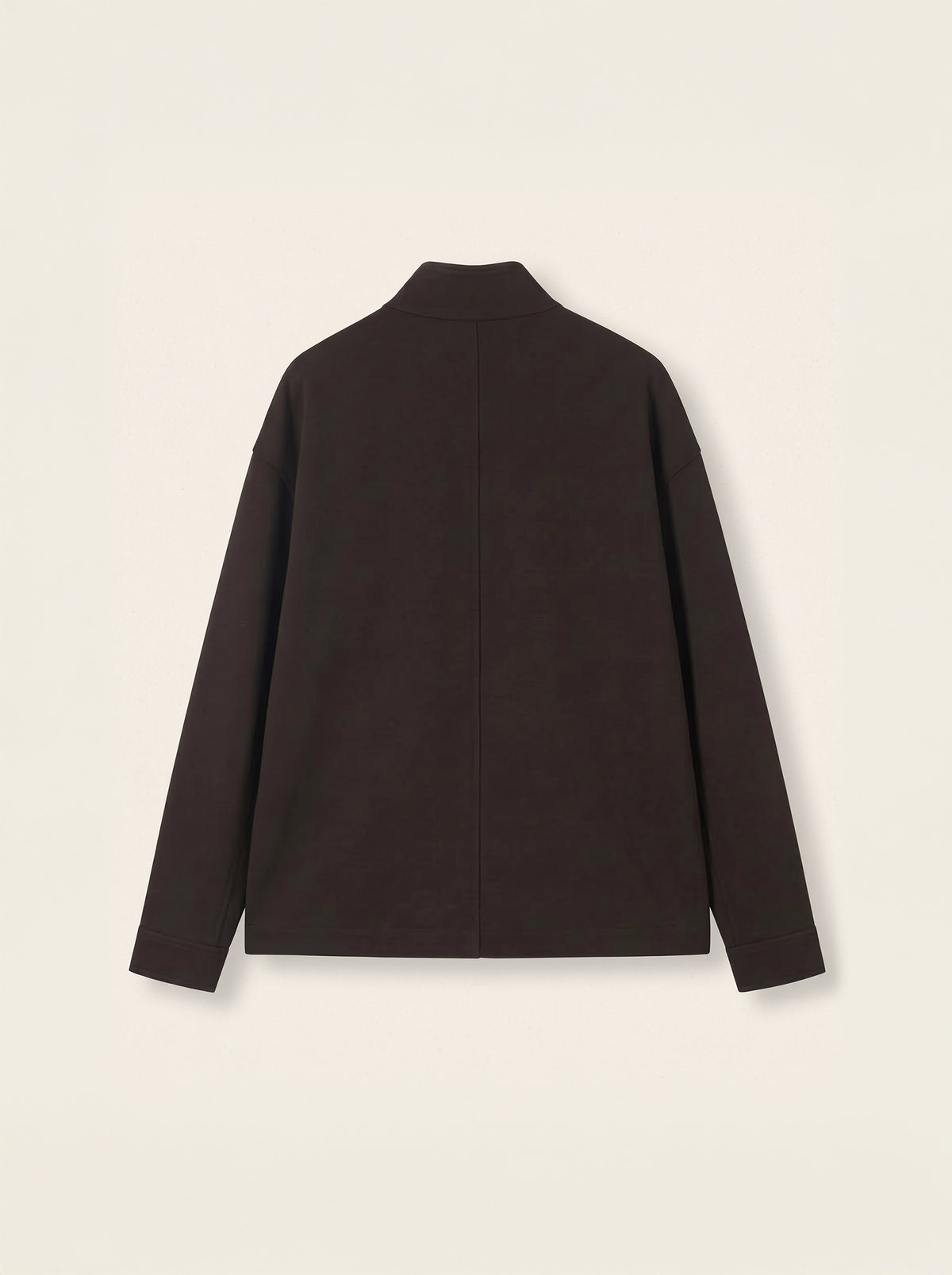 #Cedar-Brown_group A dark brown long-sleeve jacket with a mock neck, shown from the back against a light beige background.