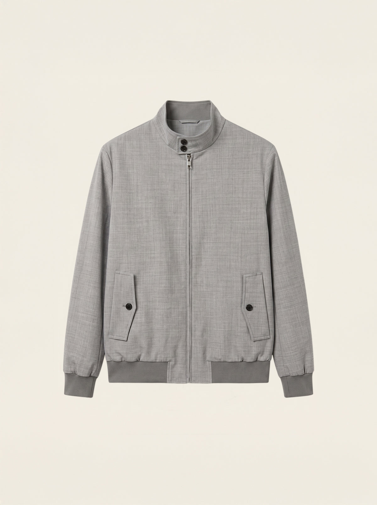 #Charcoal-Grey_group A light gray textured zip-up jacket with a stand collar, ribbed cuffs and hem, and two buttoned flap pockets, shown on a plain off-white background.