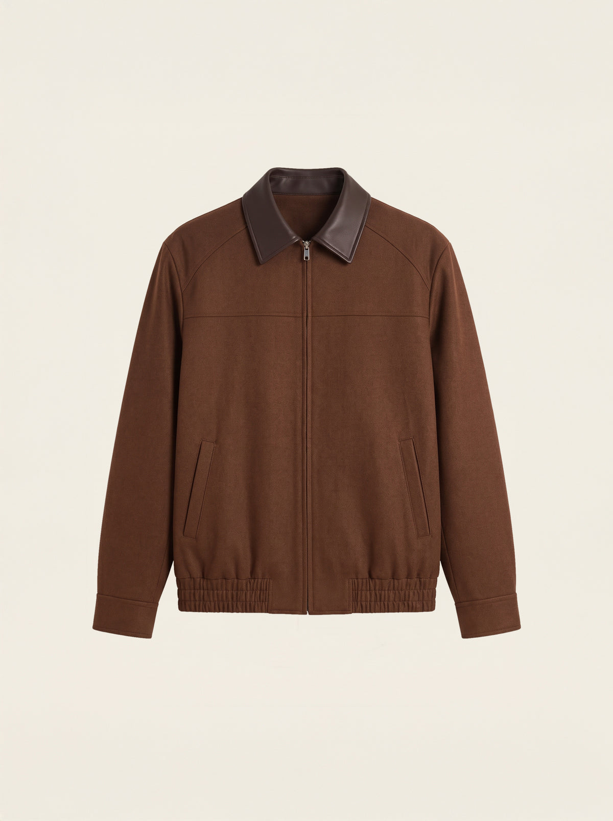 #Cedar-Brown_group A brown zip-up jacket with a contrasting dark brown leather collar, shown against a solid off-white background.