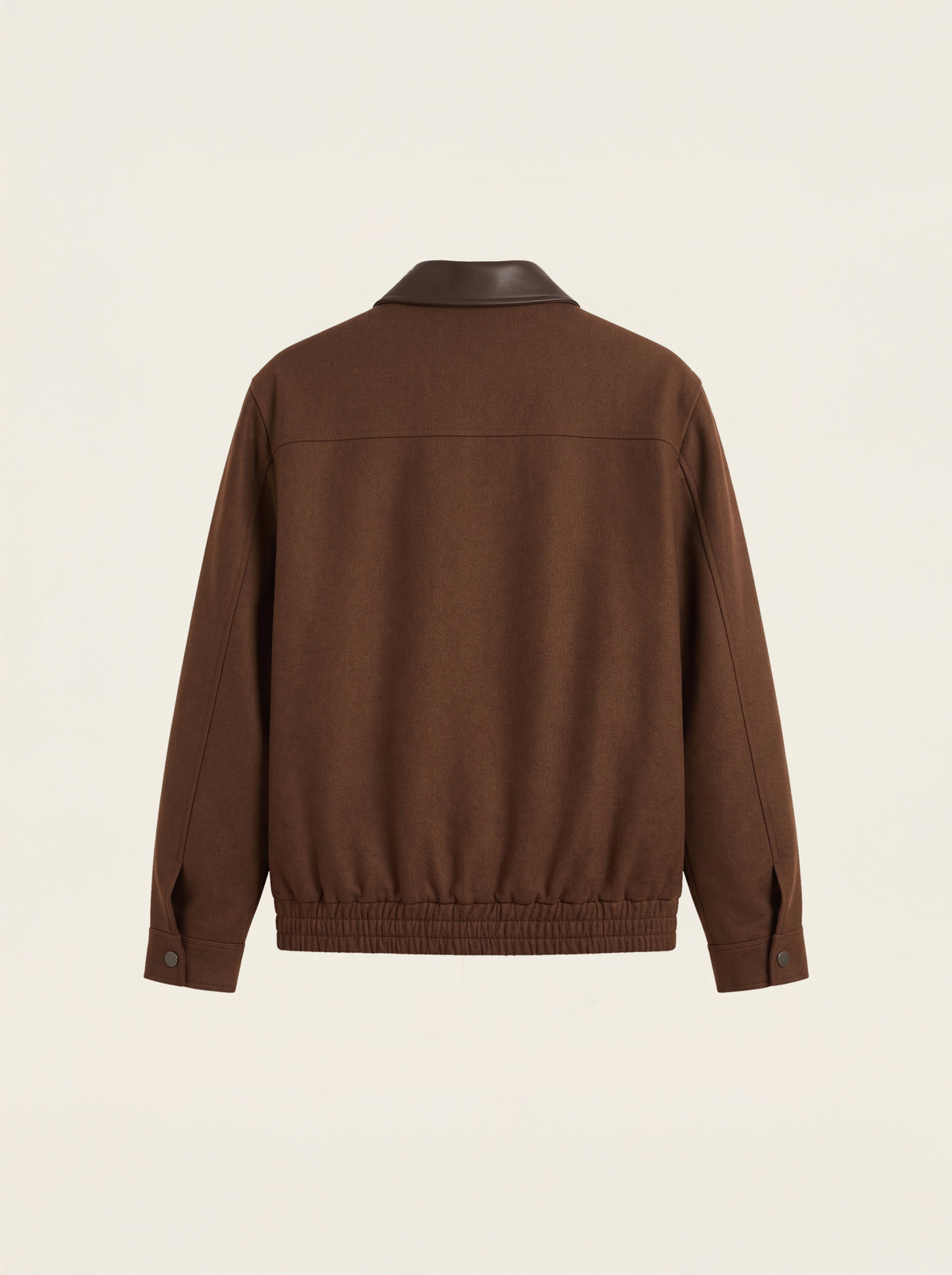 #Cedar-Brown_group A brown jacket shown from the back, featuring a smooth matte finish, a dark brown collar, and a ribbed elasticated hem and cuffs, displayed against a solid off-white background.