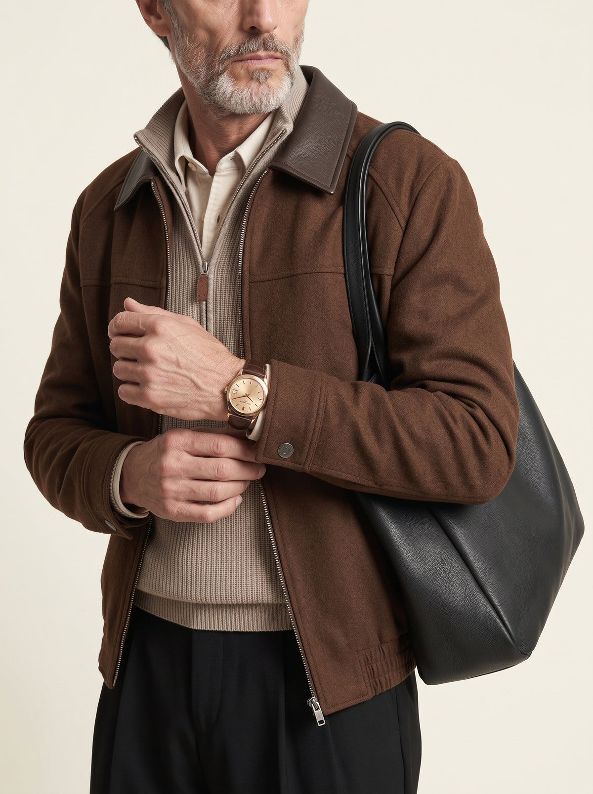 #Cedar-Brown_group A man wearing a brown suede jacket over a beige ribbed sweater, carrying a large black leather shoulder bag, against a plain light beige background.