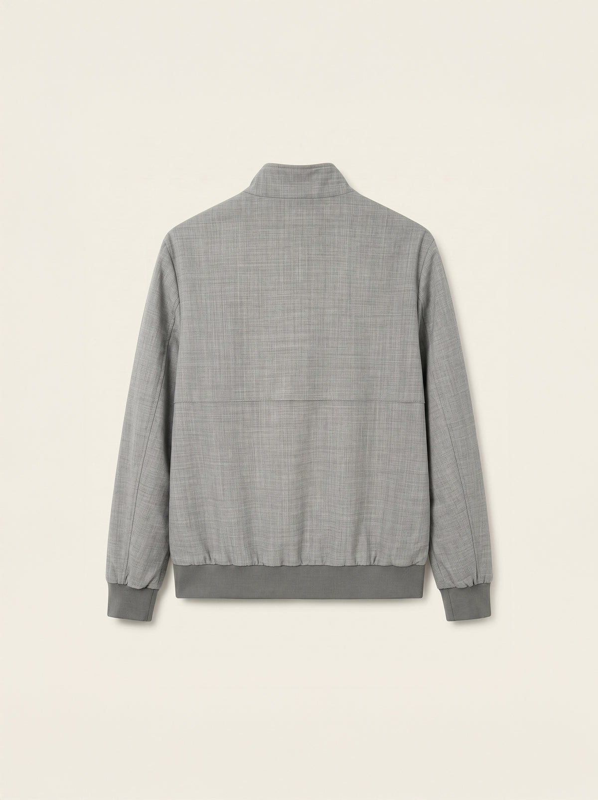 #Charcoal-Grey_group A light gray textured zip-up jacket with a stand collar, buttoned flap pockets, and ribbed cuffs and hem, displayed on a neutral cream background.