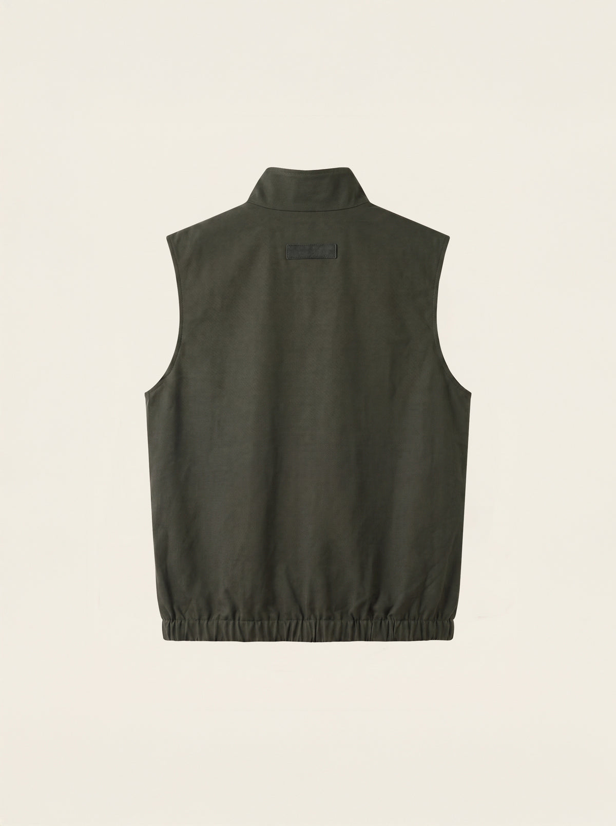 #Olive-Leaf_group A dark olive green sleeveless vest shown from the back, featuring a high mock neck and elasticated hem, photographed against a solid off-white background.