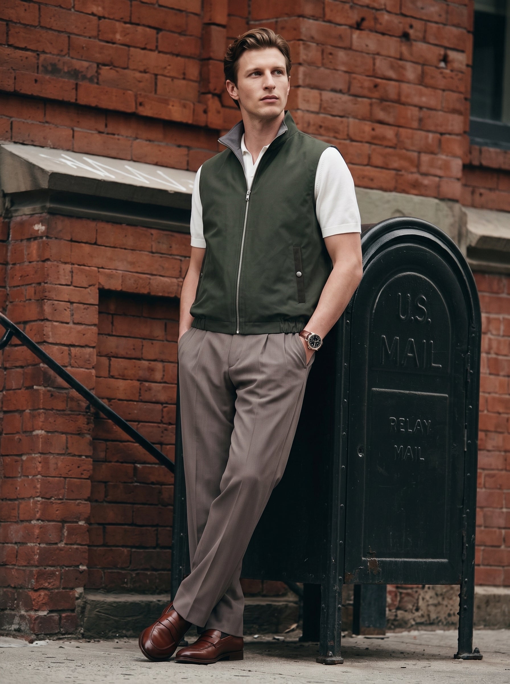 #Olive-Leaf_group A man wearing a dark olive green zip-up vest over a white short-sleeve shirt, paired with taupe trousers and brown leather shoes, leaning against a black vintage U.S.