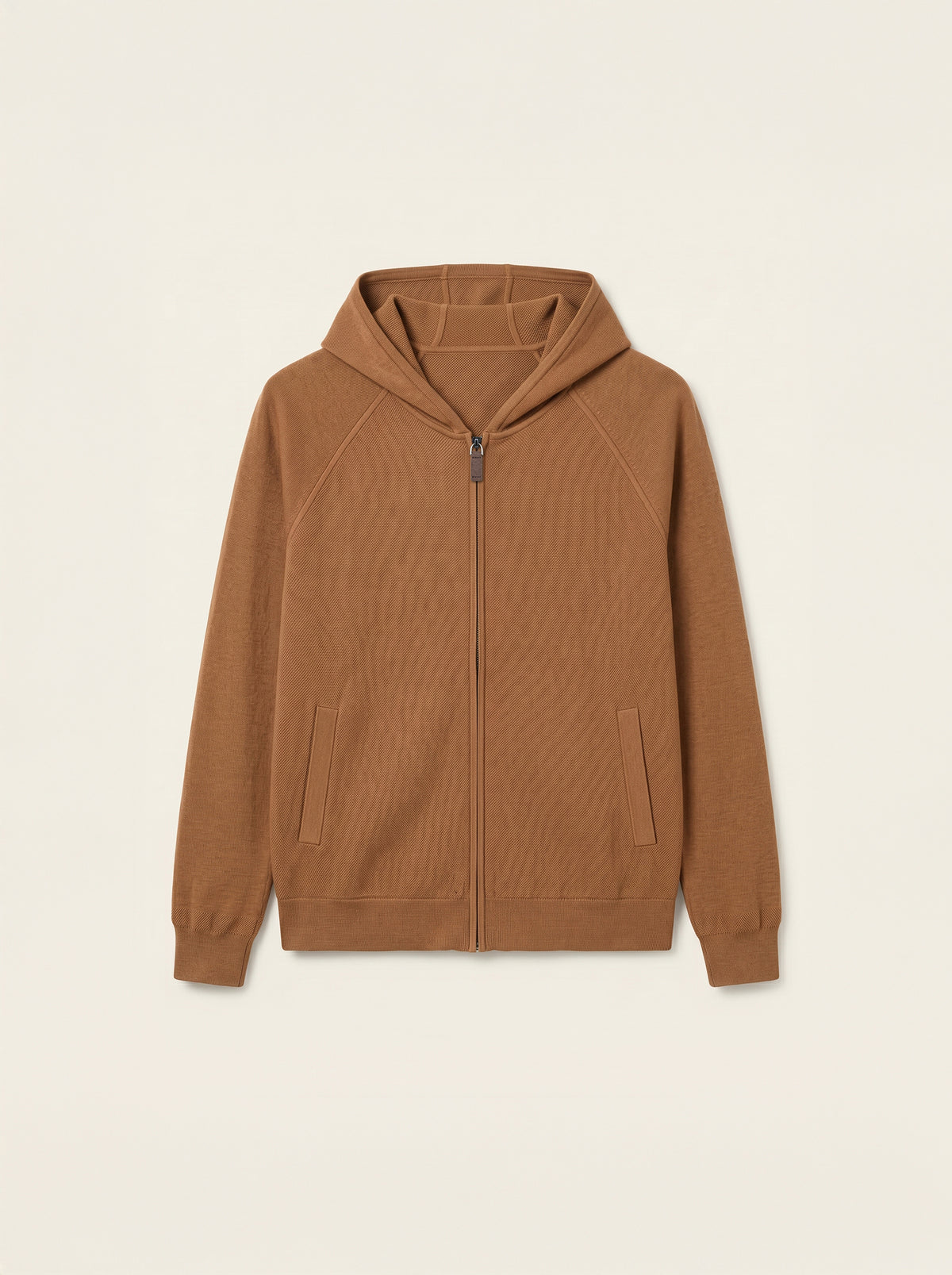 #Cedar-Brown_group A brown zip-up hoodie with a ribbed texture, featuring a hood, front zipper, and two front hand pockets, displayed against a light beige background.