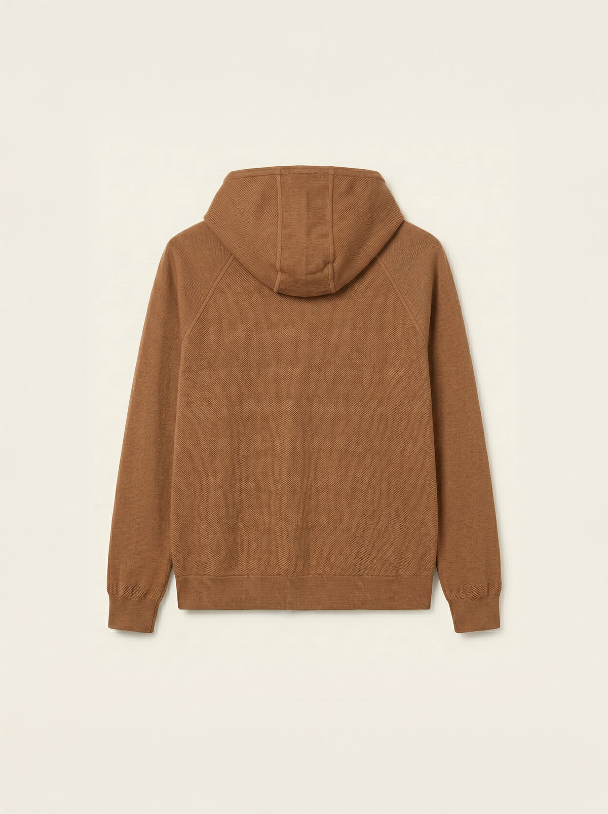 #Cedar-Brown_group A brown hooded sweatshirt shown from the back, featuring a textured knit pattern, raglan sleeves, and ribbed cuffs and hem, displayed against a solid off-white background.