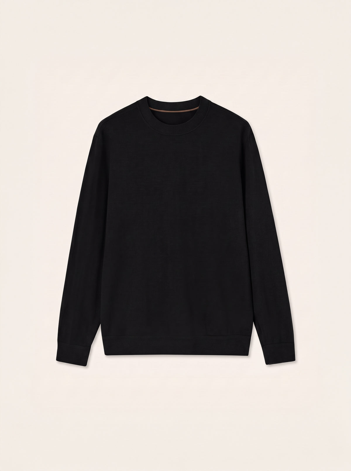 #Jet-Black_group A black long-sleeve crewneck sweater displayed flat against a light cream background.