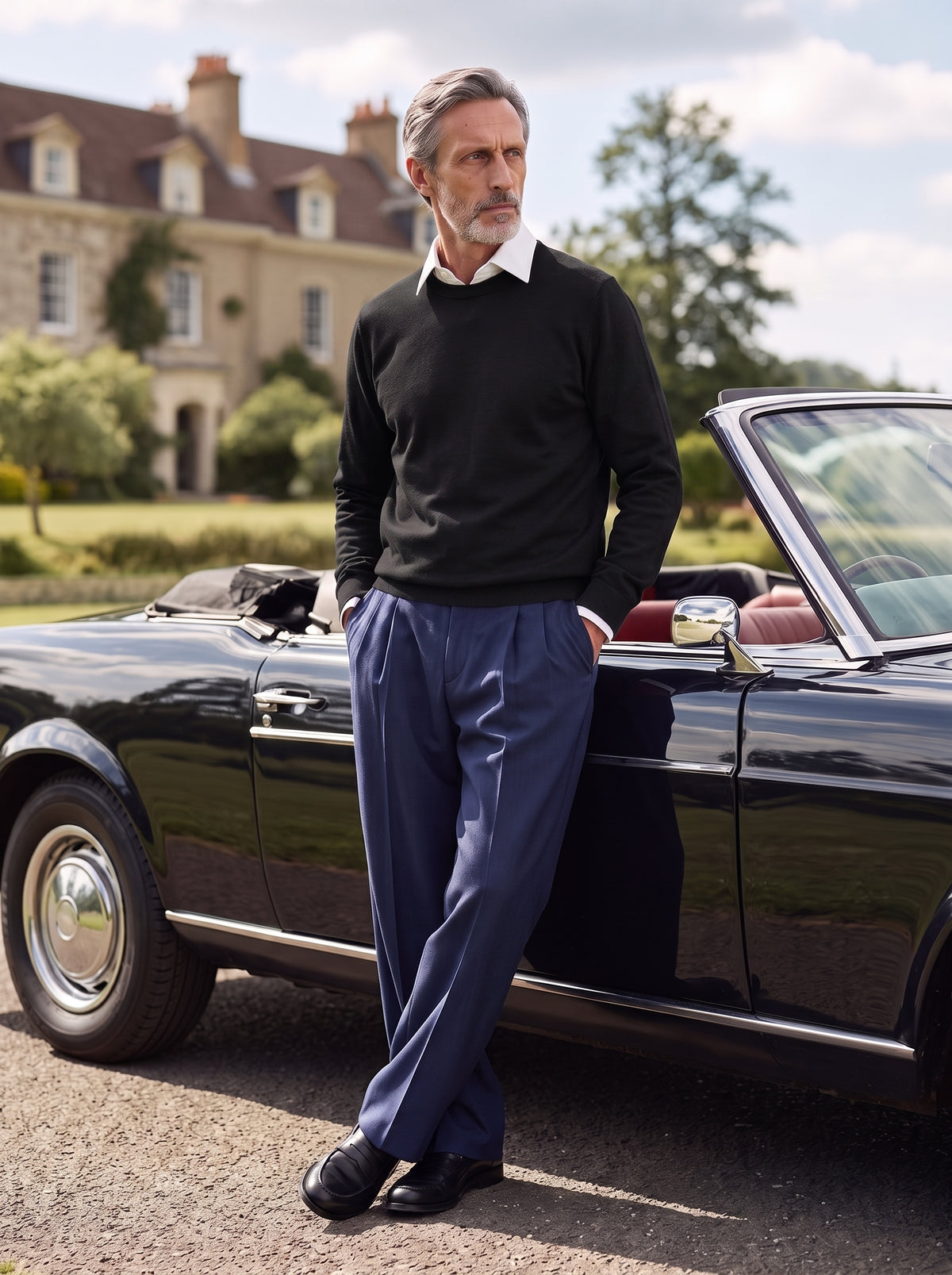 #Jet-Black_group A man with gray hair and a beard stands leaning against a black convertible car outdoors, wearing a black knit sweater over a white collared shirt and navy trousers. A large stone mansion is visible in the background under a cloudy sky.