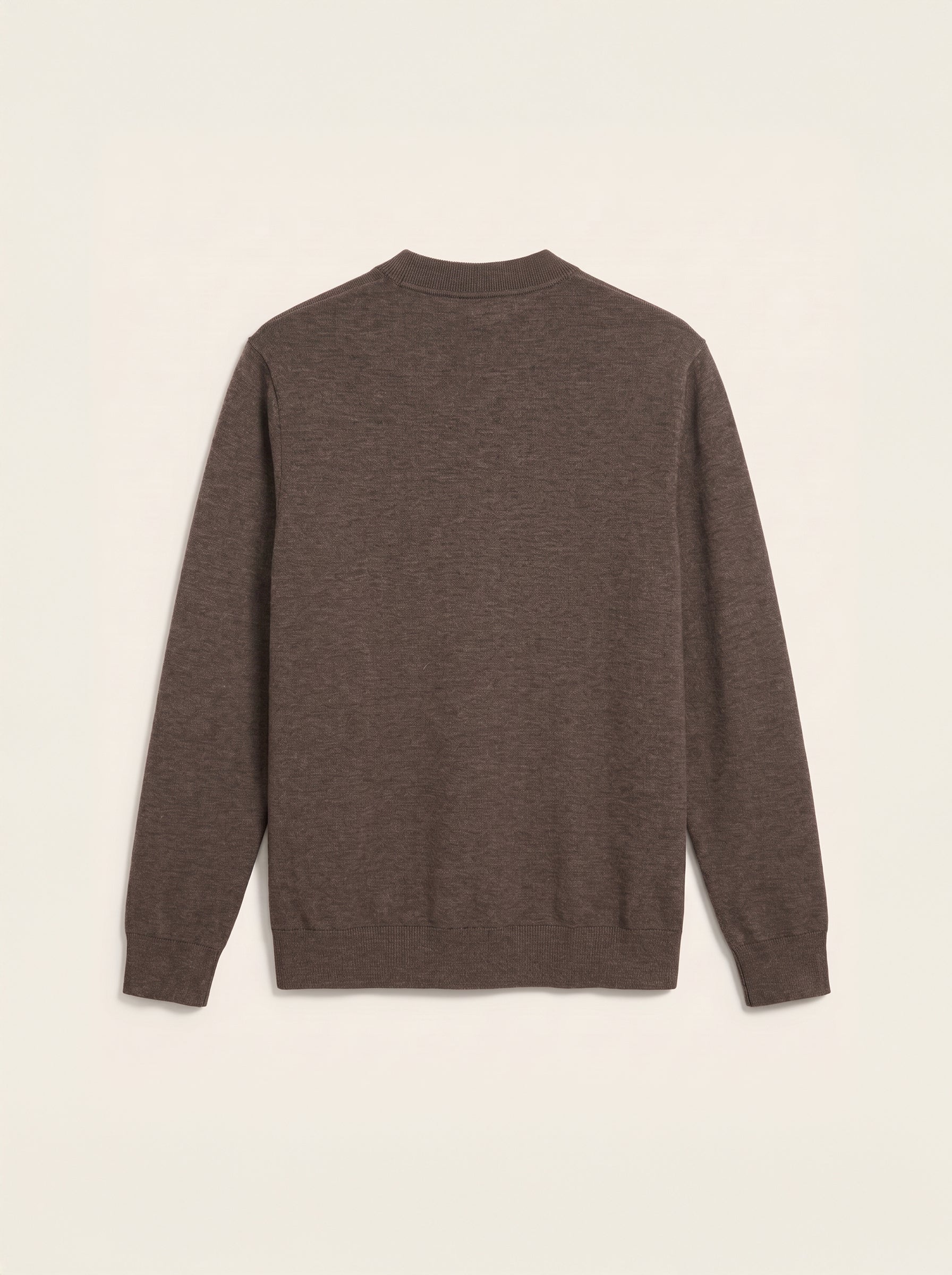 #Cedar-Brown_group A dark brown knit crewneck sweater shown from the back, laid flat against a light beige background.