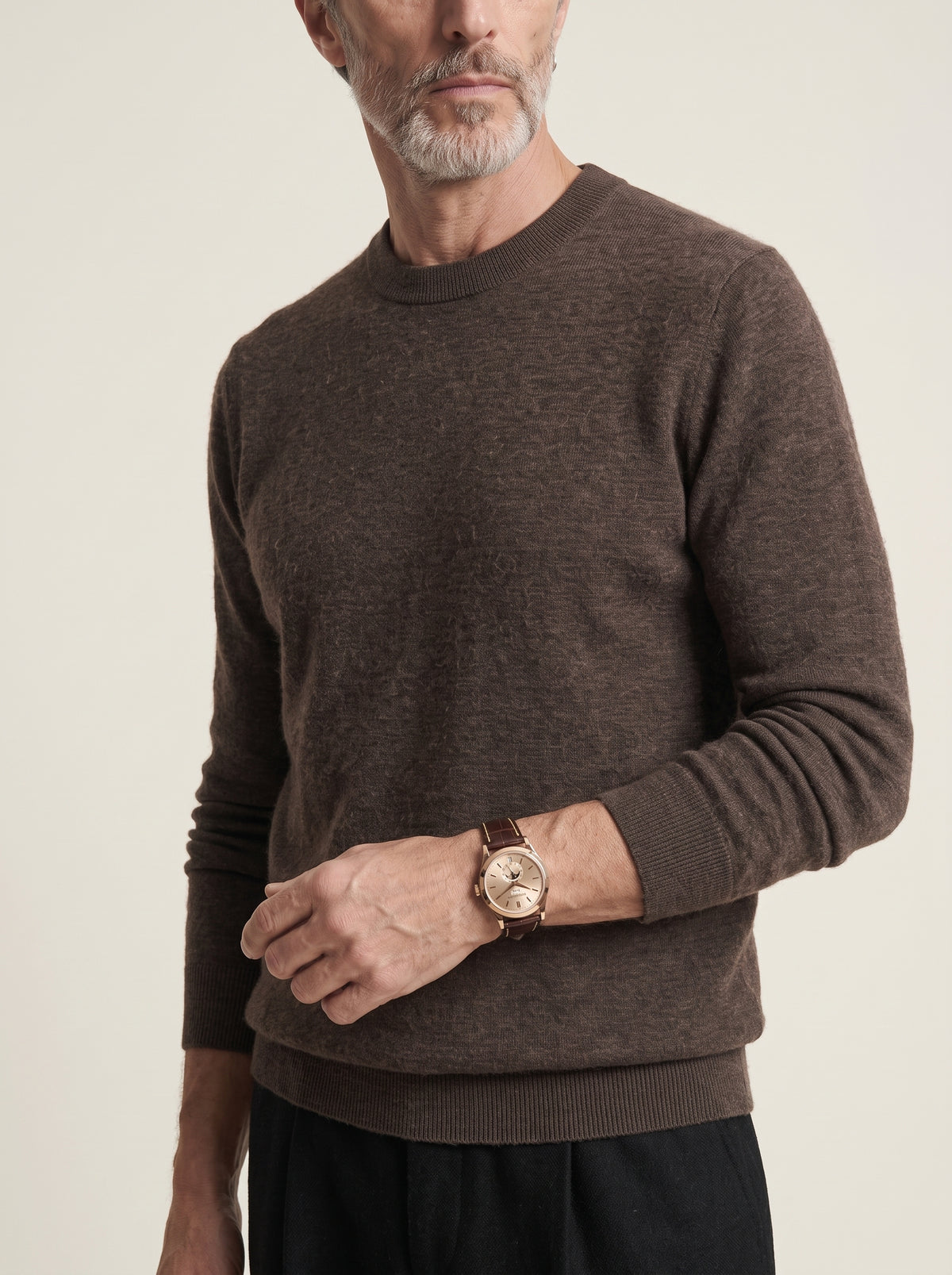 #Cedar-Brown_group A man wearing a dark brown long-sleeve crewneck sweater, shown from the chin down against a light beige background. He is wearing a brown leather strap watch on his wrist.