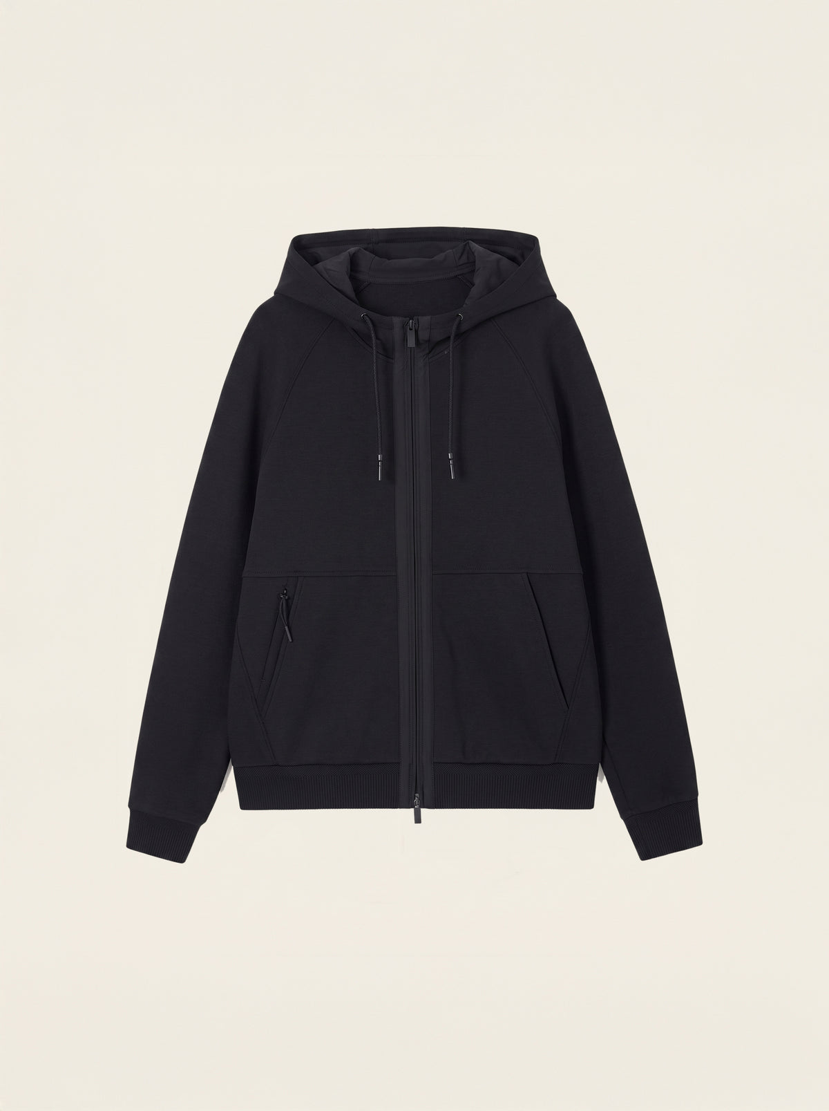 #Jet-Black_group A black zip-up hoodie with a drawstring hood and front pockets, displayed flat against a light cream background.