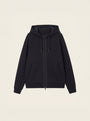 #Jet-Black_group A black zip-up hoodie with a drawstring hood and front pockets, displayed flat against a light cream background.