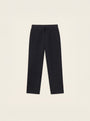 #Jet-Black_group A pair of dark navy blue cropped pants with an elastic waistband and drawstring, laid flat against a light cream background.