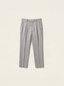 #Silver-Grey_group A pair of light gray pleated trousers laid flat against a warm off-white background.