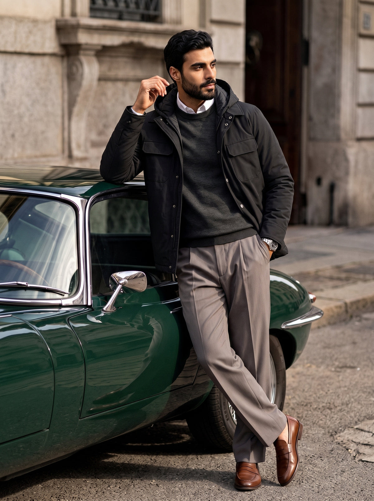 #Slate-Grey_group  A man wearing a black zip-up jacket over a dark gray sweater, light gray trousers, and brown leather loafers leans against a vintage green car on a city street.