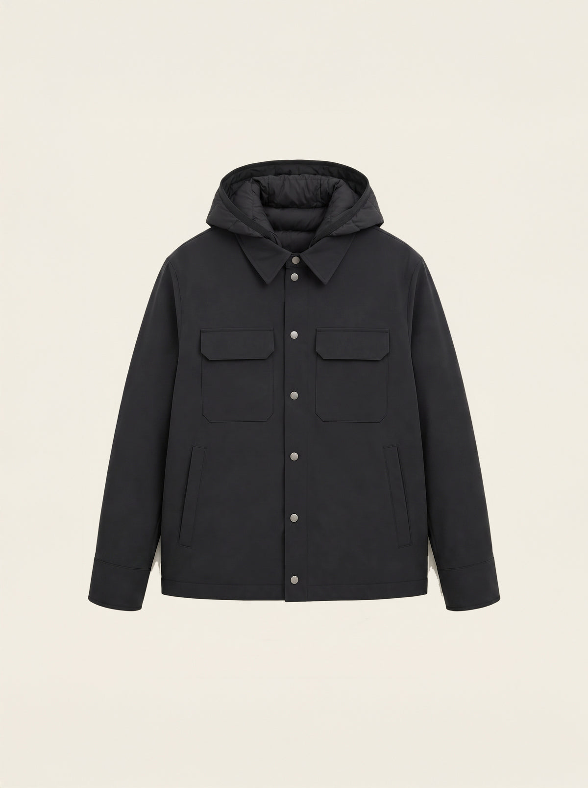 #Slate-Grey_group A black hooded utility jacket with a button front and two chest flap pockets, displayed on a clean, light beige background.