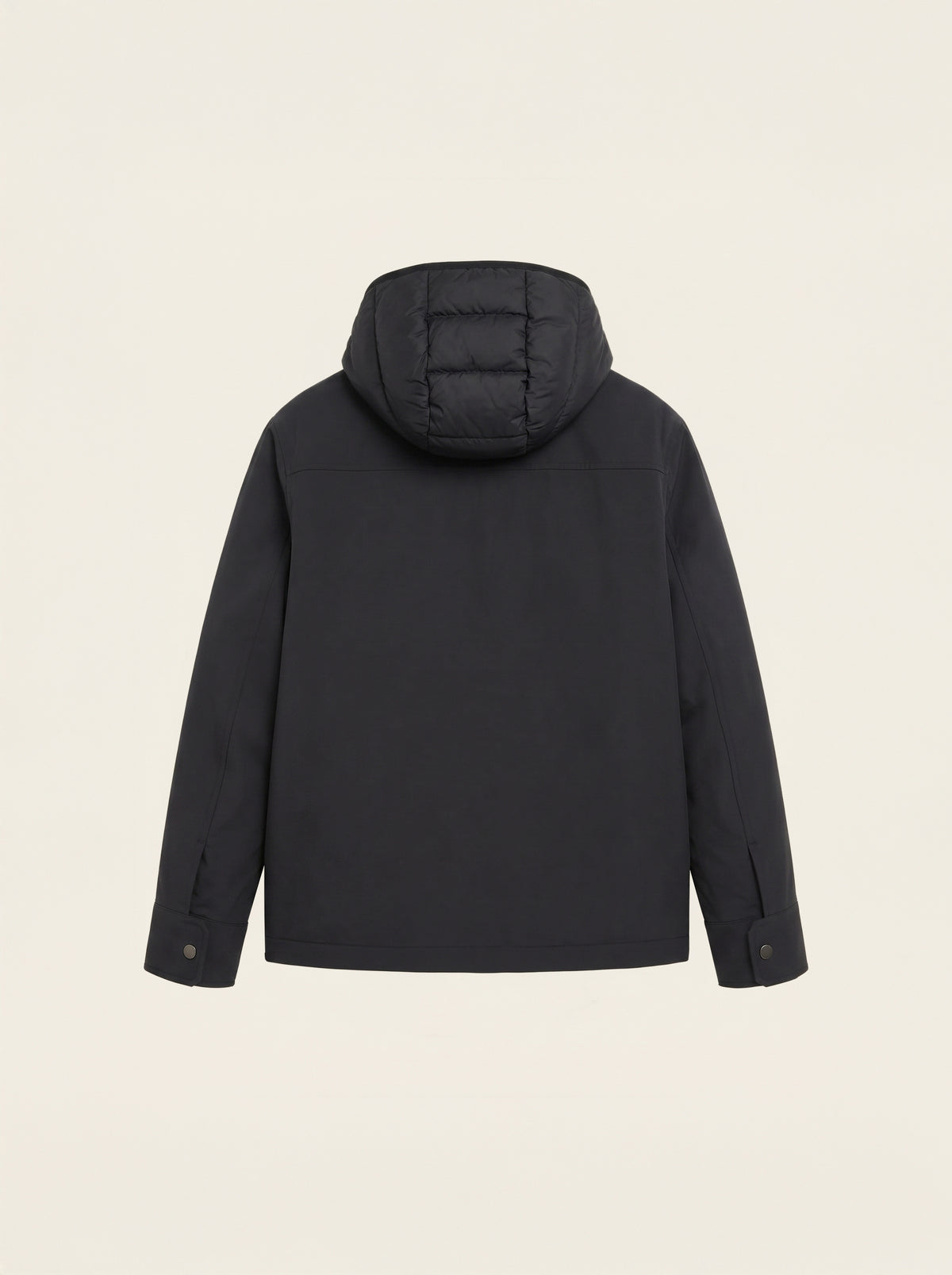 #Slate-Grey_group A black hooded jacket shown from the back, featuring a quilted puffer-style hood and long sleeves, photographed against a solid off-white background.